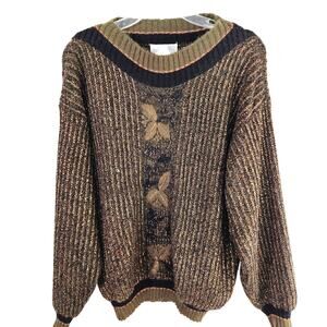 Joyce Women's Sweater Medium M Brown Embroider Top Misses Size 8 10 Long Sleeves